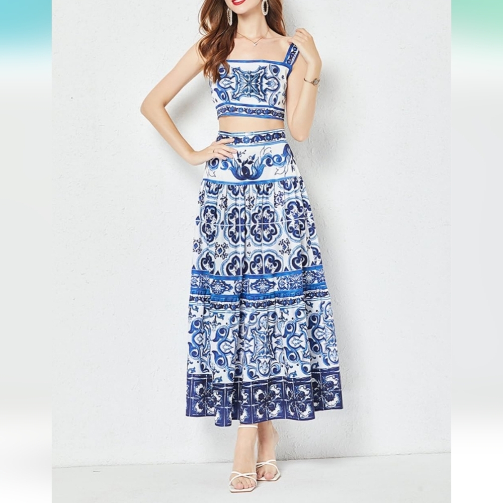 Blue and White Patterned Two-Piece Dress